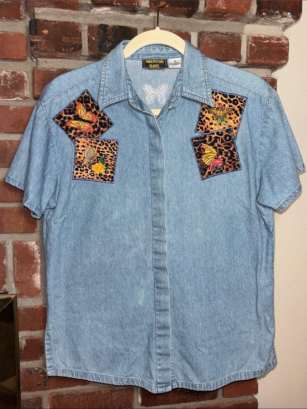 American Rave Vintage Y2K Denim Patchwork Button Up Top Size Medium